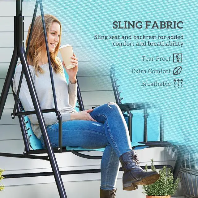 Alt view image 4 of 7 - 2-Seater Patio Swing Chair Outdoor Canopy Swing Glider, Blue | Pivot Storage Table, Cup Holder, Adjustable Shade, Bungie Seat Suspension, Weather Resistant Steel Frame