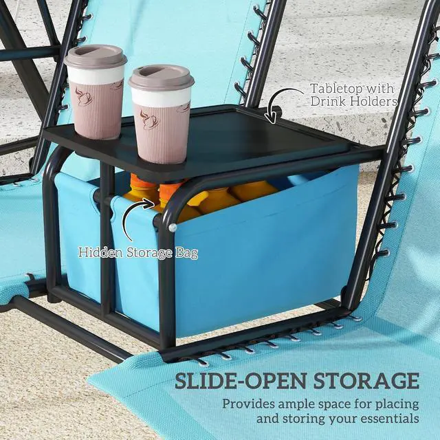 Alt view image 5 of 7 - 2-Seater Patio Swing Chair Outdoor Canopy Swing Glider, Blue | Pivot Storage Table, Cup Holder, Adjustable Shade, Bungie Seat Suspension, Weather Resistant Steel Frame