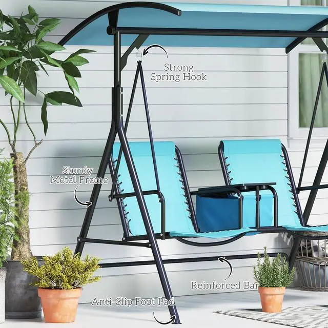 Alt view image 6 of 7 - 2-Seater Patio Swing Chair Outdoor Canopy Swing Glider, Blue | Pivot Storage Table, Cup Holder, Adjustable Shade, Bungie Seat Suspension, Weather Resistant Steel Frame