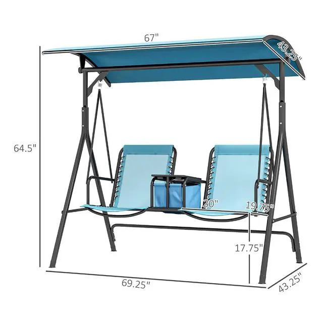 Alt view image 7 of 7 - 2-Seater Patio Swing Chair Outdoor Canopy Swing Glider, Blue | Pivot Storage Table, Cup Holder, Adjustable Shade, Bungie Seat Suspension, Weather Resistant Steel Frame
