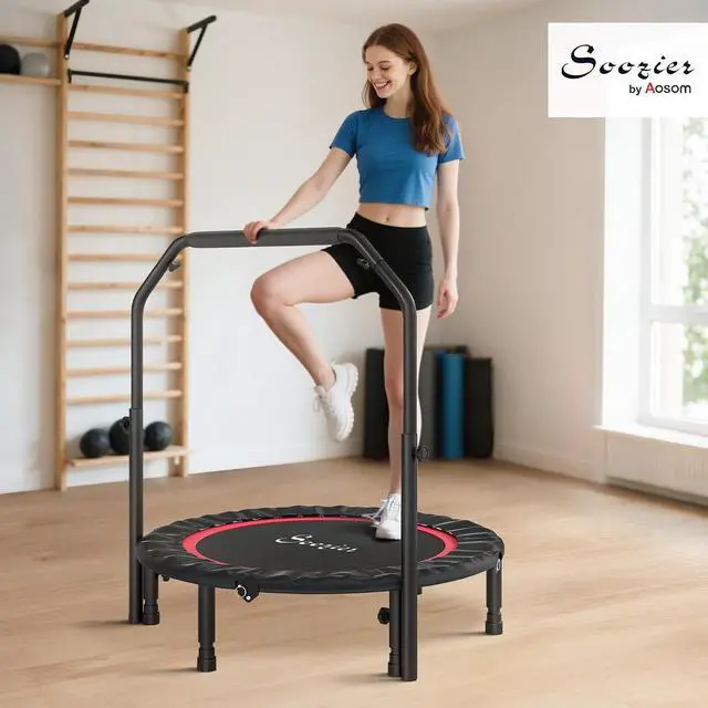 Alt view image 2 of 7 - 40" Foldable Mini Trampoline Fitness Rebounder for Adults | Rebounder With Resistance Bands, Adjustable Foam Handle, Indoor Outdoor Workout, Max Load 330 lbs