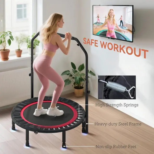 Alt view image 5 of 7 - 40" Foldable Mini Trampoline Fitness Rebounder for Adults | Rebounder With Resistance Bands, Adjustable Foam Handle, Indoor Outdoor Workout, Max Load 330 lbs
