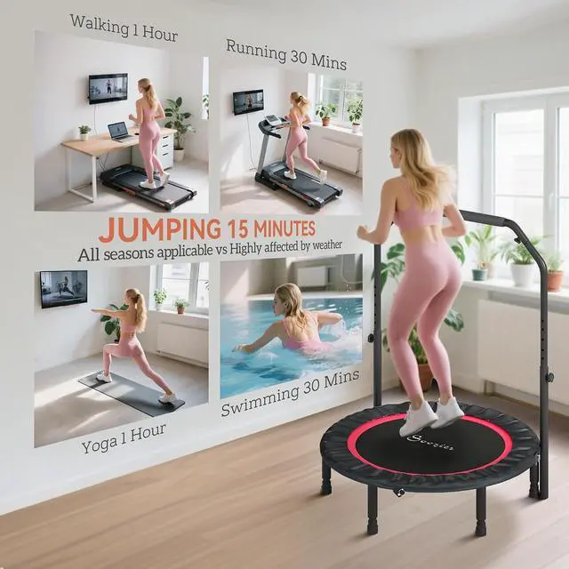 Alt view image 6 of 7 - 40" Foldable Mini Trampoline Fitness Rebounder for Adults | Rebounder With Resistance Bands, Adjustable Foam Handle, Indoor Outdoor Workout, Max Load 330 lbs