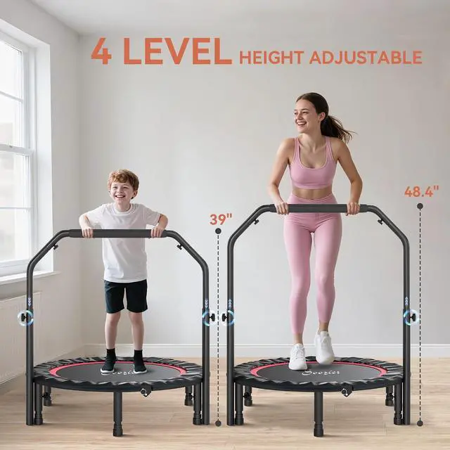 Alt view image 3 of 7 - 40" Foldable Mini Trampoline Fitness Rebounder for Adults | Rebounder With Resistance Bands, Adjustable Foam Handle, Indoor Outdoor Workout, Max Load 330 lbs