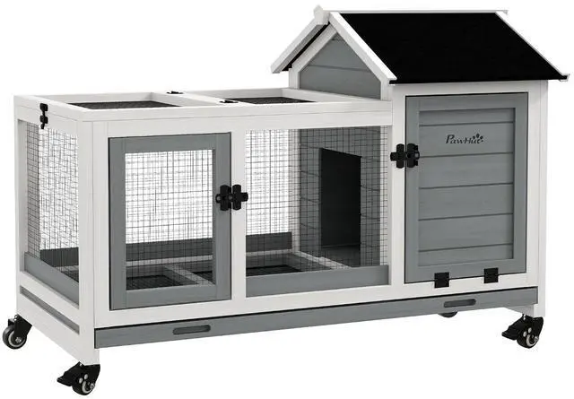 Main image of PawHut Wooden Rabbit Hutch with Wheels for Rabbits Indoor Outdoor Gray | Large Bunny Hutch, with Run, Slide-Out Tray, for Small Animals, Chickens, Ducks, Guinea Pig