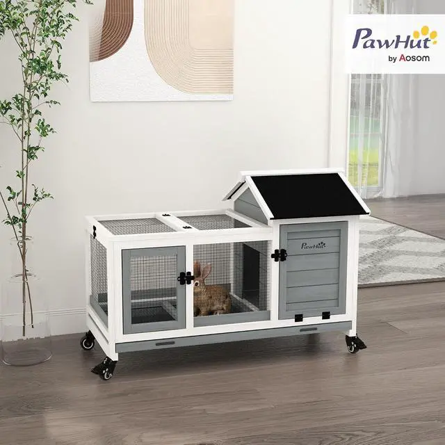 Alt view image 2 of 7 - PawHut Wooden Rabbit Hutch with Wheels for Rabbits Indoor Outdoor Gray | Large Bunny Hutch, with Run, Slide-Out Tray, for Small Animals, Chickens, Ducks, Guinea Pig