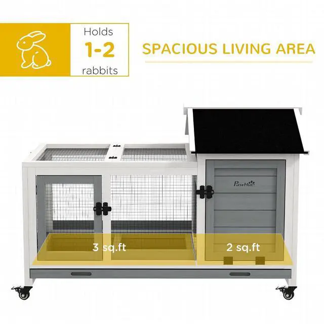 Alt view image 3 of 7 - PawHut Wooden Rabbit Hutch with Wheels for Rabbits Indoor Outdoor Gray | Large Bunny Hutch, with Run, Slide-Out Tray, for Small Animals, Chickens, Ducks, Guinea Pig