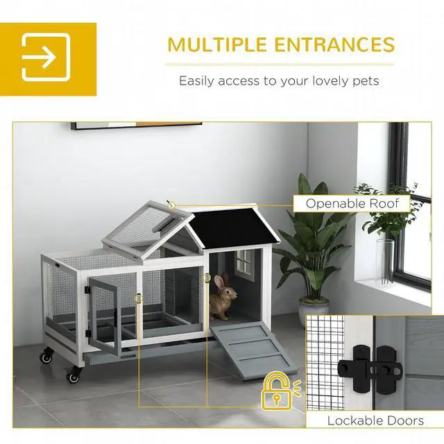 Alt view image 4 of 7 - PawHut Wooden Rabbit Hutch with Wheels for Rabbits Indoor Outdoor Gray | Large Bunny Hutch, with Run, Slide-Out Tray, for Small Animals, Chickens, Ducks, Guinea Pig