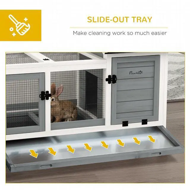 Alt view image 5 of 7 - PawHut Wooden Rabbit Hutch with Wheels for Rabbits Indoor Outdoor Gray | Large Bunny Hutch, with Run, Slide-Out Tray, for Small Animals, Chickens, Ducks, Guinea Pig