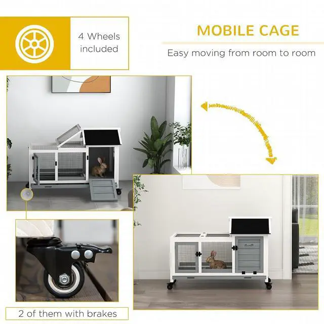 Alt view image 6 of 7 - PawHut Wooden Rabbit Hutch with Wheels for Rabbits Indoor Outdoor Gray | Large Bunny Hutch, with Run, Slide-Out Tray, for Small Animals, Chickens, Ducks, Guinea Pig