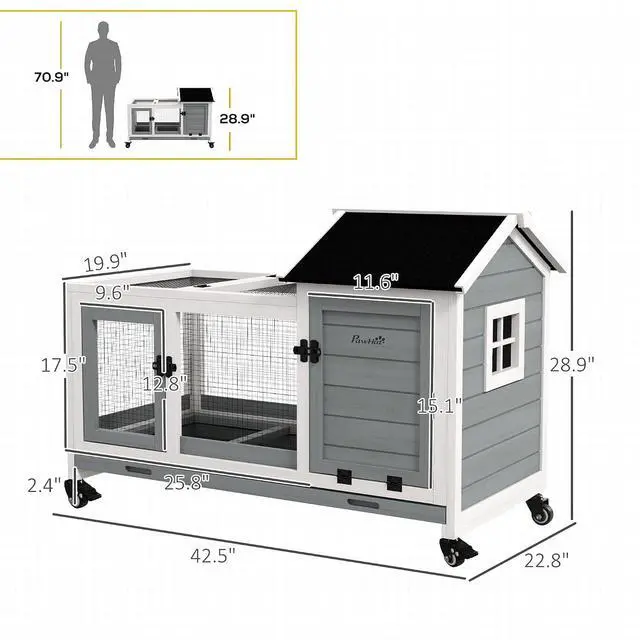 Alt view image 7 of 7 - PawHut Wooden Rabbit Hutch with Wheels for Rabbits Indoor Outdoor Gray | Large Bunny Hutch, with Run, Slide-Out Tray, for Small Animals, Chickens, Ducks, Guinea Pig