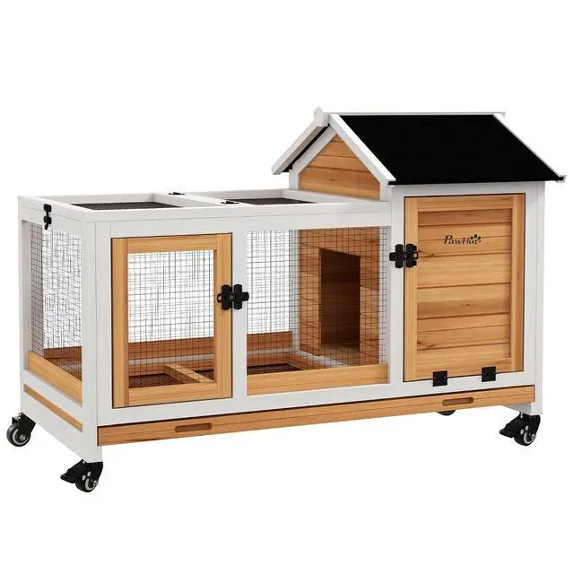 Main image of PawHut Wooden Rabbit Hutch with Wheels for Rabbits Indoor Outdoor Yellow | Large Bunny Hutch, with Run, Slide-Out Tray, for Small Animals, Chickens, Ducks, Guinea Pig