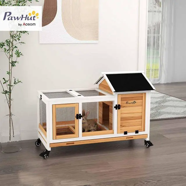 Alt view image 2 of 7 - PawHut Wooden Rabbit Hutch with Wheels for Rabbits Indoor Outdoor Yellow | Large Bunny Hutch, with Run, Slide-Out Tray, for Small Animals, Chickens, Ducks, Guinea Pig