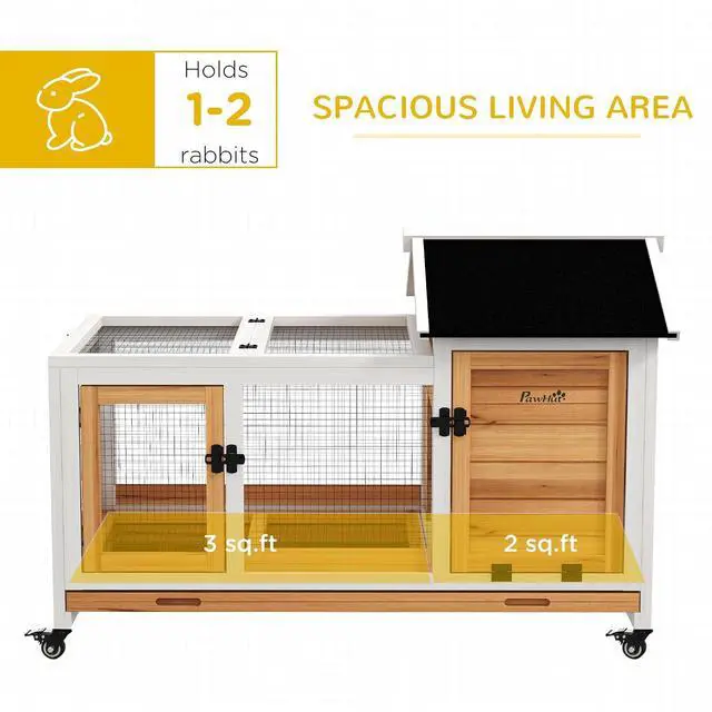 Alt view image 3 of 7 - PawHut Wooden Rabbit Hutch with Wheels for Rabbits Indoor Outdoor Yellow | Large Bunny Hutch, with Run, Slide-Out Tray, for Small Animals, Chickens, Ducks, Guinea Pig