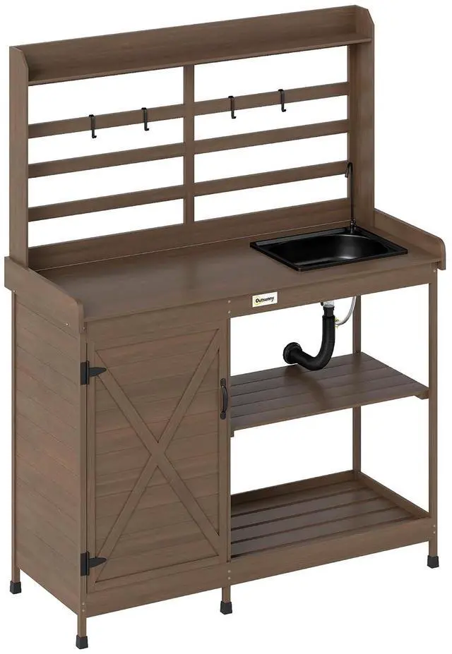Main image of Outdoor Wooden Potting Bench Table w/Sink, Water Tap, Dark Brown | Garden Workstation, Storage Cabinet, Storage Shelves, Backyard, Patio, Balcony