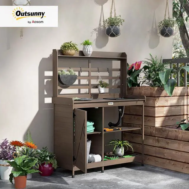 Alt view image 2 of 7 - Outdoor Wooden Potting Bench Table w/Sink, Water Tap, Dark Brown | Garden Workstation, Storage Cabinet, Storage Shelves, Backyard, Patio, Balcony