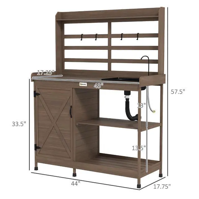 Alt view image 7 of 7 - Outdoor Wooden Potting Bench Table w/Sink, Water Tap, Dark Brown | Garden Workstation, Storage Cabinet, Storage Shelves, Backyard, Patio, Balcony