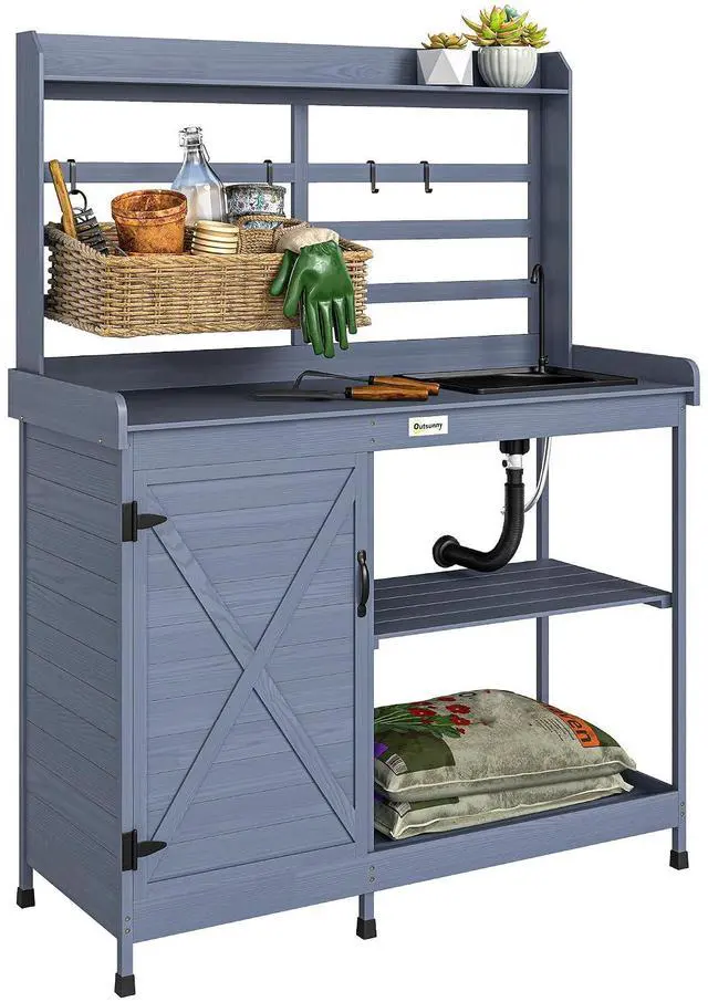 Main image of Outdoor Wooden Potting Bench Table w/Sink, Water Tap, Gray | Garden Workstation, Storage Cabinet, Storage Shelves, Backyard, Patio, Balcony