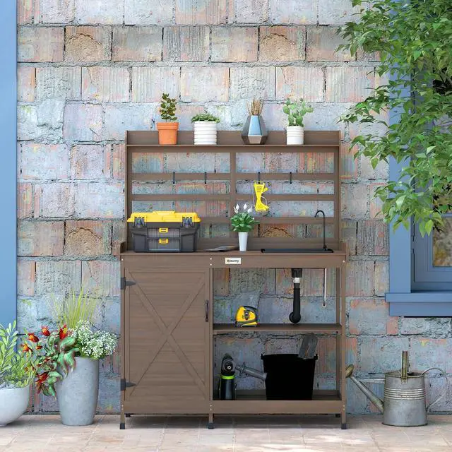Alt view image 6 of 7 - Outdoor Wooden Potting Bench Table w/Sink, Water Tap, Dark Brown | Garden Workstation, Storage Cabinet, Storage Shelves, Backyard, Patio, Balcony