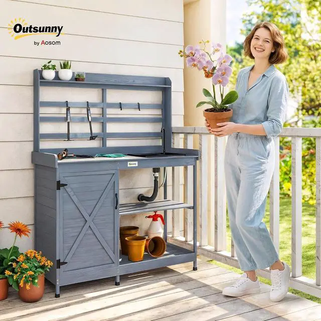 Alt view image 2 of 7 - Outdoor Wooden Potting Bench Table w/Sink, Water Tap, Gray | Garden Workstation, Storage Cabinet, Storage Shelves, Backyard, Patio, Balcony