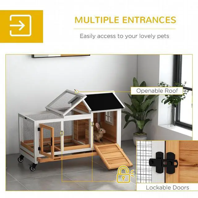 Alt view image 4 of 7 - PawHut Wooden Rabbit Hutch with Wheels for Rabbits Indoor Outdoor Yellow | Large Bunny Hutch, with Run, Slide-Out Tray, for Small Animals, Chickens, Ducks, Guinea Pig