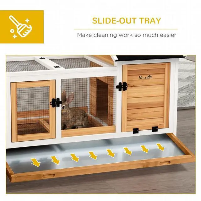 Alt view image 5 of 7 - PawHut Wooden Rabbit Hutch with Wheels for Rabbits Indoor Outdoor Yellow | Large Bunny Hutch, with Run, Slide-Out Tray, for Small Animals, Chickens, Ducks, Guinea Pig