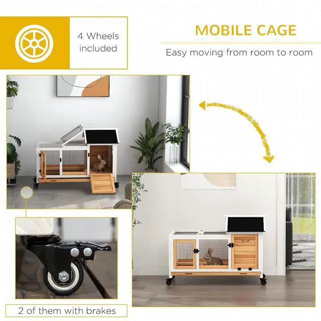 Alt view image 6 of 7 - PawHut Wooden Rabbit Hutch with Wheels for Rabbits Indoor Outdoor Yellow | Large Bunny Hutch, with Run, Slide-Out Tray, for Small Animals, Chickens, Ducks, Guinea Pig
