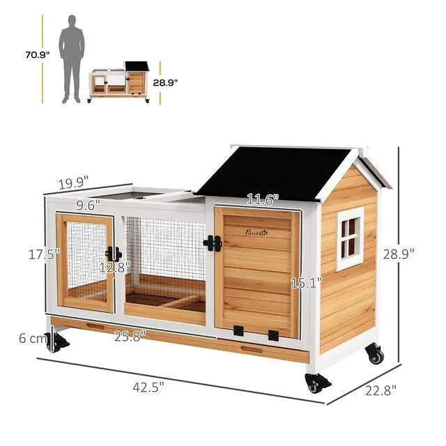 Alt view image 7 of 7 - PawHut Wooden Rabbit Hutch with Wheels for Rabbits Indoor Outdoor Yellow | Large Bunny Hutch, with Run, Slide-Out Tray, for Small Animals, Chickens, Ducks, Guinea Pig