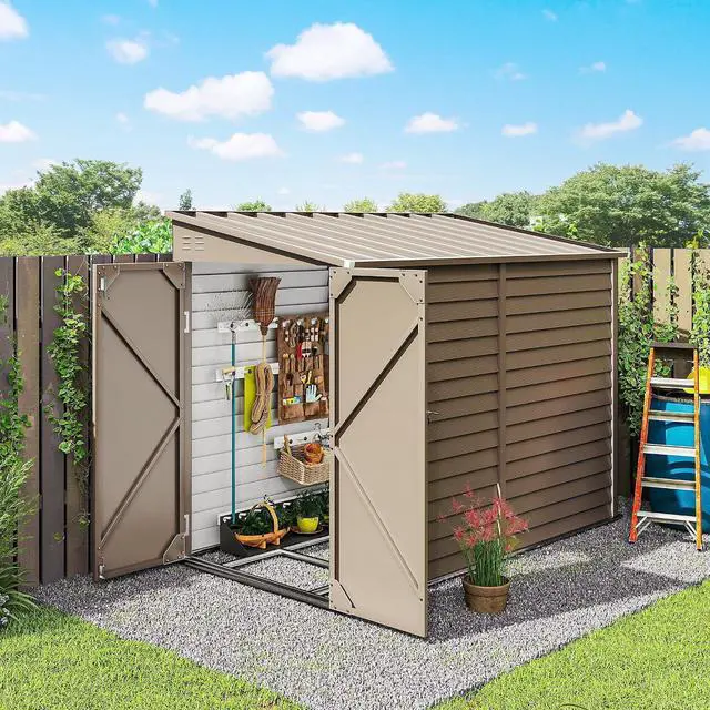 Main image of 4.6' x 9' Steel Outdoor Storage Shed Waterproof Lean-to Brown | Metal Garden Tool House, Foundation Kit, Lockable Doors, Gloves, 2 Air Vents, Backyard Patio Lawn