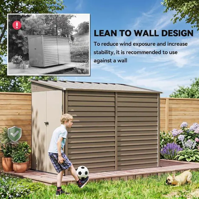 Alt view image 4 of 7 - 4.6' x 9' Steel Outdoor Storage Shed Waterproof Lean-to Brown | Metal Garden Tool House, Foundation Kit, Lockable Doors, Gloves, 2 Air Vents, Backyard Patio Lawn