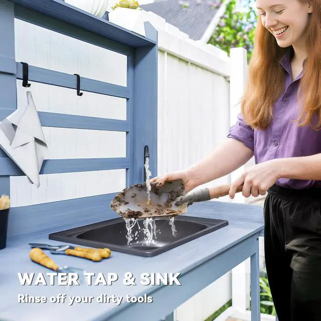 Alt view image 3 of 7 - Outdoor Wooden Potting Bench Table w/Sink, Water Tap, Gray | Garden Workstation, Storage Cabinet, Storage Shelves, Backyard, Patio, Balcony