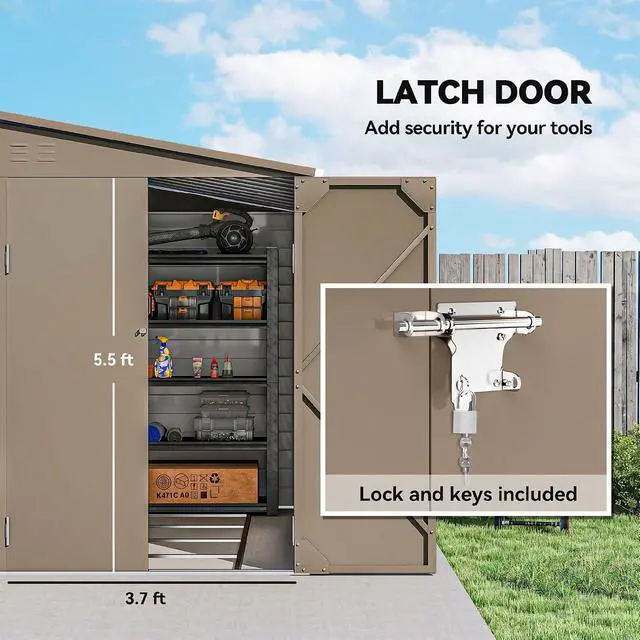 Alt view image 5 of 7 - 4.6' x 9' Steel Outdoor Storage Shed Waterproof Lean-to Brown | Metal Garden Tool House, Foundation Kit, Lockable Doors, Gloves, 2 Air Vents, Backyard Patio Lawn