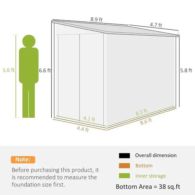 Alt view image 6 of 7 - 4.6' x 9' Steel Outdoor Storage Shed Waterproof Lean-to Brown | Metal Garden Tool House, Foundation Kit, Lockable Doors, Gloves, 2 Air Vents, Backyard Patio Lawn