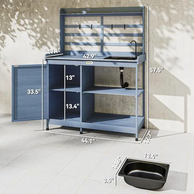 Alt view image 7 of 7 - Outdoor Wooden Potting Bench Table w/Sink, Water Tap, Gray | Garden Workstation, Storage Cabinet, Storage Shelves, Backyard, Patio, Balcony