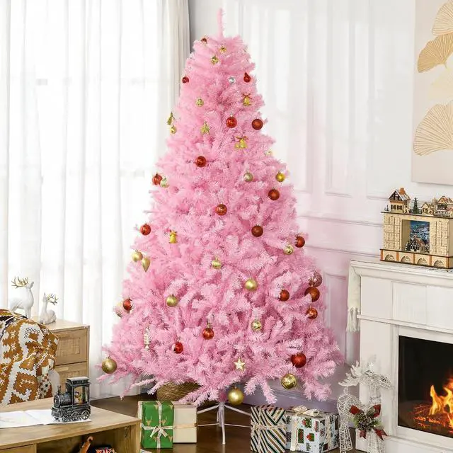 Alt view image 2 of 7 - 7ft Tall Artificial Christmas Tree 1288 Branches Auto Open Pink | Holiday Décor, Steel Base, Wide Shape