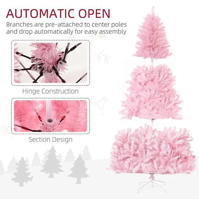 Alt view image 6 of 7 - 7ft Tall Artificial Christmas Tree 1288 Branches Auto Open Pink | Holiday Décor, Steel Base, Wide Shape