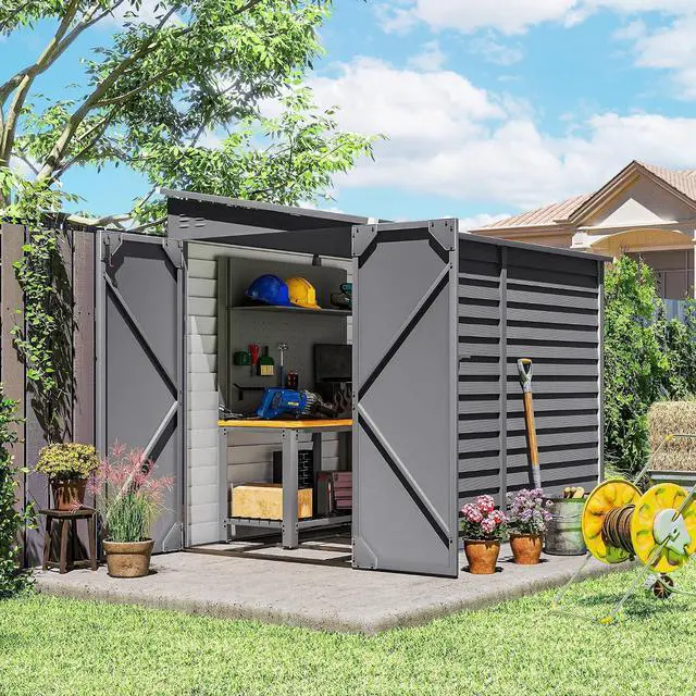 Main image of 4.6' x 9' Steel Outdoor Storage Shed Waterproof Lean-to Gray | Metal Garden Tool House, Foundation Kit, Lockable Doors, Gloves, 2 Air Vents, Backyard Patio Lawn