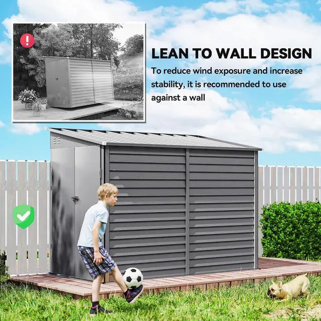 Alt view image 4 of 7 - 4.6' x 9' Steel Outdoor Storage Shed Waterproof Lean-to Gray | Metal Garden Tool House, Foundation Kit, Lockable Doors, Gloves, 2 Air Vents, Backyard Patio Lawn