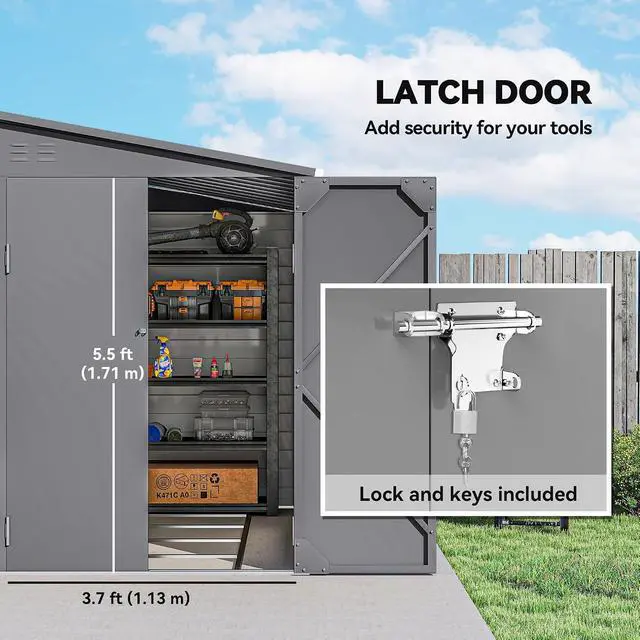 Alt view image 5 of 7 - 4.6' x 9' Steel Outdoor Storage Shed Waterproof Lean-to Gray | Metal Garden Tool House, Foundation Kit, Lockable Doors, Gloves, 2 Air Vents, Backyard Patio Lawn