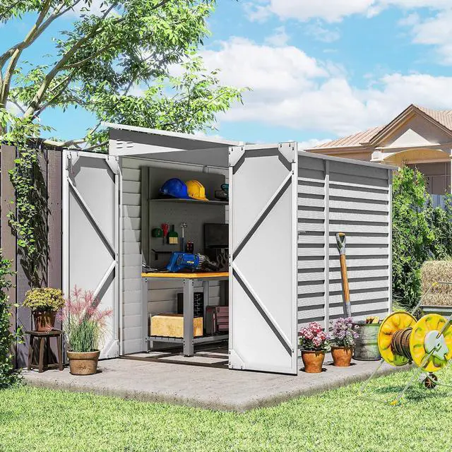 Main image of 4.6' x 9' Steel Outdoor Storage Shed Waterproof Lean-to White | Metal Garden Tool House, Foundation Kit, Lockable Doors, Gloves, 2 Air Vents, Backyard Patio Lawn