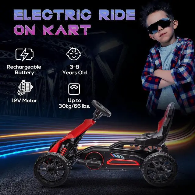 Alt view image 3 of 7 - 12V Electric Go Kart for Kids with Adjustable Seat, 3-8 Years, Red | Outdoor Ride On Toy Battery Powered with EVA Tires, 2 Speeds, Safety Belt, Forward & Backward Drive