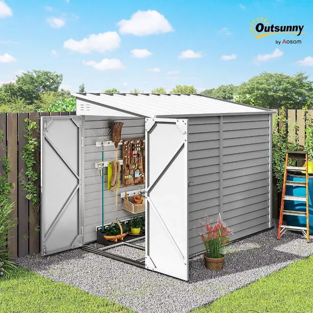 Alt view image 2 of 7 - 4.6' x 9' Steel Outdoor Storage Shed Waterproof Lean-to White | Metal Garden Tool House, Foundation Kit, Lockable Doors, Gloves, 2 Air Vents, Backyard Patio Lawn