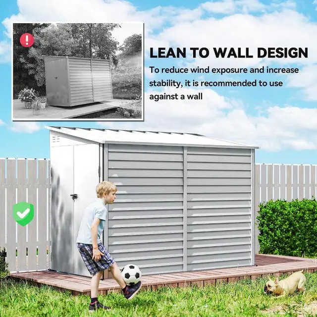 Alt view image 5 of 7 - 4.6' x 9' Steel Outdoor Storage Shed Waterproof Lean-to White | Metal Garden Tool House, Foundation Kit, Lockable Doors, Gloves, 2 Air Vents, Backyard Patio Lawn