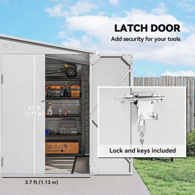 Alt view image 6 of 7 - 4.6' x 9' Steel Outdoor Storage Shed Waterproof Lean-to White | Metal Garden Tool House, Foundation Kit, Lockable Doors, Gloves, 2 Air Vents, Backyard Patio Lawn