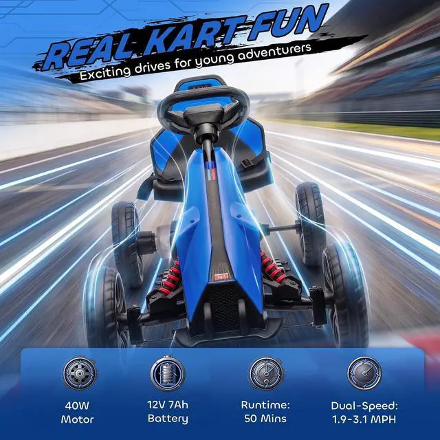 Alt view image 3 of 7 - 12V Electric Go Kart for Kids with Adjustable Seat, 3-8 Years, Blue | Outdoor Ride On Toy Battery Powered with EVA Tires, 2 Speeds, Safety Belt, Forward & Backward Drive