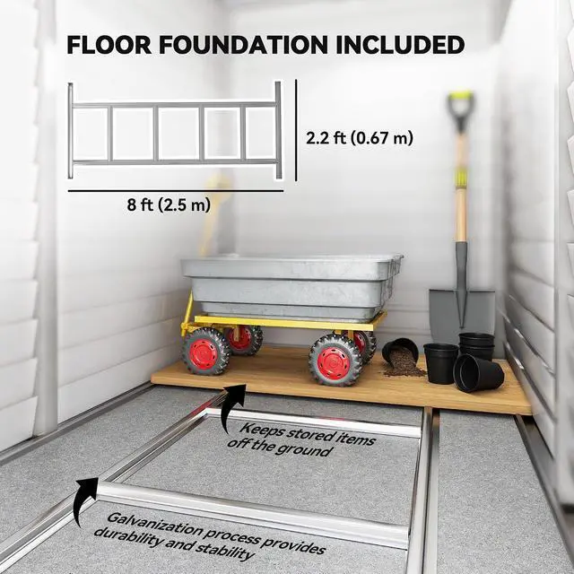 Alt view image 4 of 7 - 4.6' x 9' Steel Outdoor Storage Shed Waterproof Lean-to White | Metal Garden Tool House, Foundation Kit, Lockable Doors, Gloves, 2 Air Vents, Backyard Patio Lawn