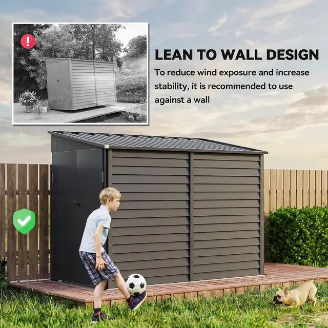 Alt view image 4 of 7 - 4.6' x 9' Steel Outdoor Storage Shed Waterproof Lean-to Dark Gray | Metal Garden Tool House, Foundation Kit, Lockable Doors, Gloves, 2 Air Vents, Backyard Patio Lawn