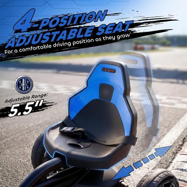 Alt view image 5 of 7 - 12V Electric Go Kart for Kids with Adjustable Seat, 3-8 Years, Blue | Outdoor Ride On Toy Battery Powered with EVA Tires, 2 Speeds, Safety Belt, Forward & Backward Drive