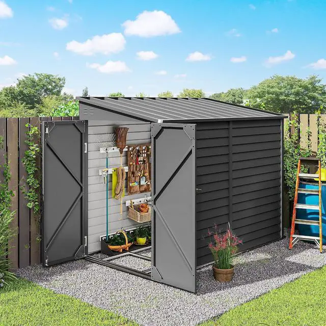 Main image of 4.6' x 9' Steel Outdoor Storage Shed Waterproof Lean-to Dark Gray | Metal Garden Tool House, Foundation Kit, Lockable Doors, Gloves, 2 Air Vents, Backyard Patio Lawn