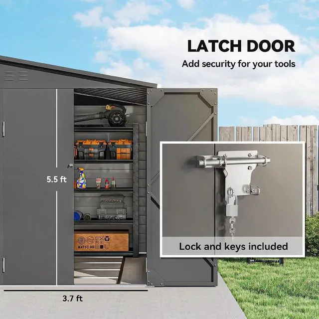 Alt view image 5 of 7 - 4.6' x 9' Steel Outdoor Storage Shed Waterproof Lean-to Dark Gray | Metal Garden Tool House, Foundation Kit, Lockable Doors, Gloves, 2 Air Vents, Backyard Patio Lawn